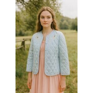 Vintage 1980s Appel Satin Nylon Blue Quilted Bed Jacket Robe S